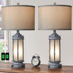 Set of 2 Rustic Table Lamps for Living Room, Farmhouse Vintage Nightstand Lamp with 2 USB Ports, Antique Retro Light Green Glass Night Light for Bedroom Entryway, 4 Bulbs Included