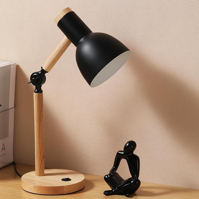 Small Wooden Desk Lamp,Adjustable tri-Color Kids Table Lamp,Desk Lamp for Home Office,Bedside lamp,Dorm lamp(Black)