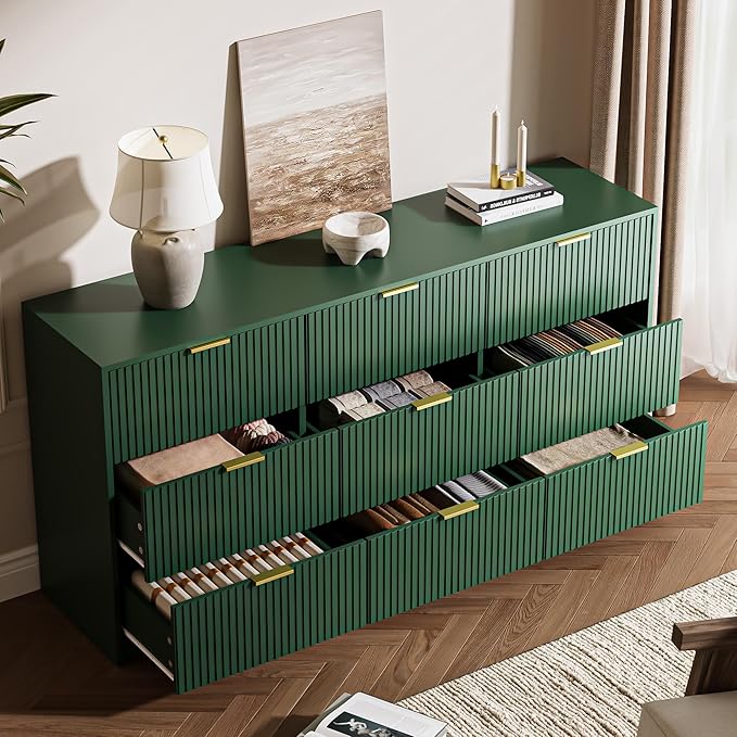 Green Dresser for Bedroom, 9 Drawer Double Dresser, Modern Chest of Drawers for Bedroom, Living Room, Entryway and Closet, 63" L x 15.7" D x 31.5" H