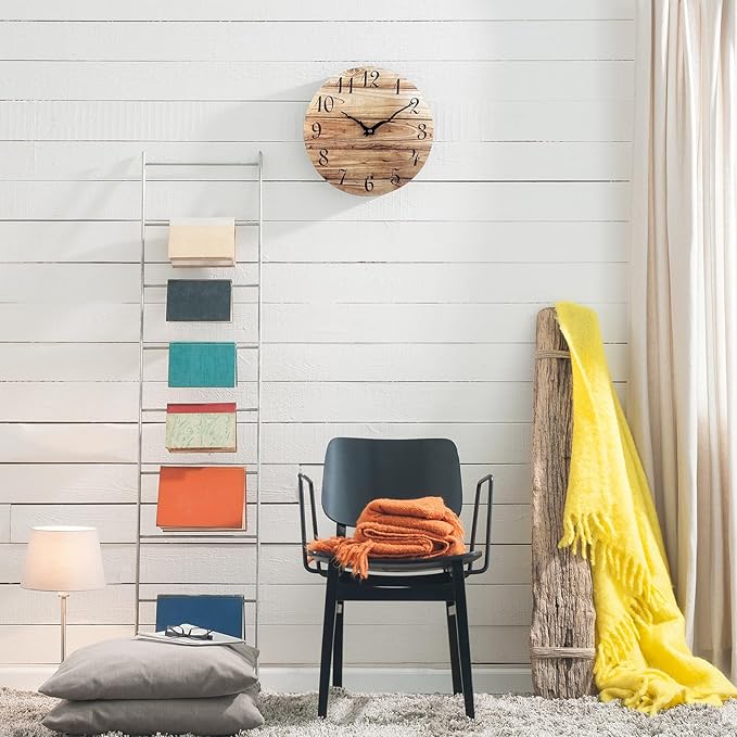 Plumeet Extra Large Wall Clock, 16'' Frameless Wooden Wall Clocks with Silent Quartz Movement, Rustic Country Village Walnut Clocks Decorative for Kitchen Bedroom Living Room, Brown