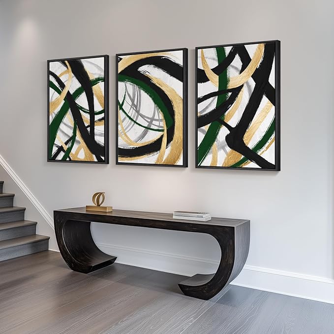 Large Framed Abstract Wall Art for Living Room, Set of 3 Modern Canvas Prints Painting Artwork for Walls, Black Green and Gold Brush Stroke Pictures for Hallway Dining Room Office Wall Decor 24x36 In