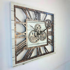 The Gears Clock 24'' Inch Square Real Moving Gear Wall Clock Vintage Industrial Oversized Rustic Farmhouse (White Farmhouse)