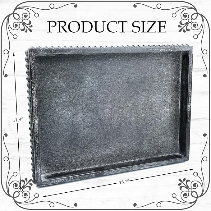 Rectangle Wood Serving Tray with Beads, Black Washed Wooden Decorative Tray for Entertaining, Decoration, and Gifting