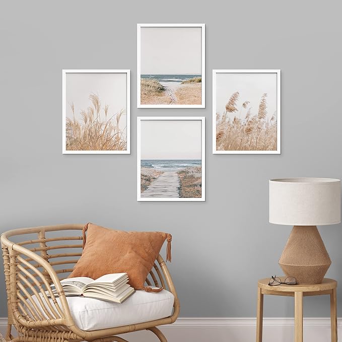 SIGNWIN Framed White Pampas Grass Beach Ocean Shore Horizon Wall Art, Set of 4 Landscape Colorful Wall Decor Prints, Nature Wilderness Wall Décor for Living Room, Bedroom - 8"x10" White