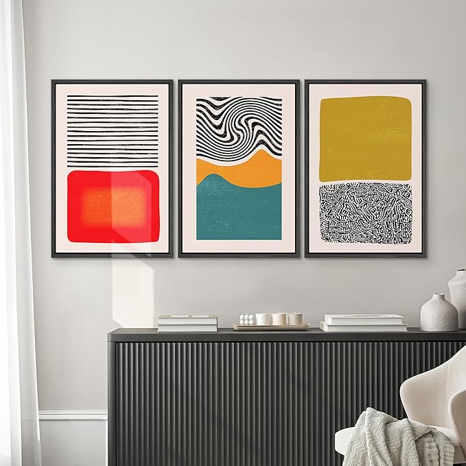 SIGNWIN Framed Canvas Print Wall Art Set Mid-Century Color Blocks & Spirals Abstract Shapes Illustrations Modern Art Contemporary Minimal Ultra for Living Room, Bedroom, Office - 24"x36"x3 Black