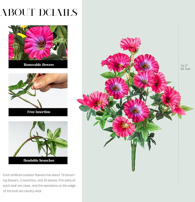 UV Resistant Artificial Petunias 13.3In Fake Flowers Artificial Flowers for Outdoors Silk Flowers 8PCS Fake Hanging Basket Plants Suitable for Outdoor Porch Decoration Patio Decor (Rose red)