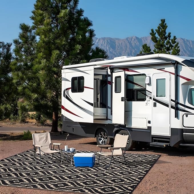 OLANLY Outdoor Rug 8x10 ft Waterproof, Outdoor Plastic Straw Rug with Geometric Pattern Clearance, Reversible RV Mat for Patio, Camping, Balcony, Deck, Backyard, Black & Beige