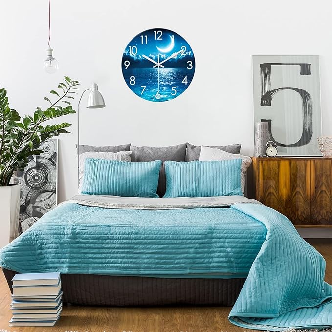 XFM Blue Wall Clock for Bedroom 12 Inch Natural Landscape Round Analog Clocks Battery Operated Moon Wall Clock Non Ticking Decorative for Kitchen Living Room Office