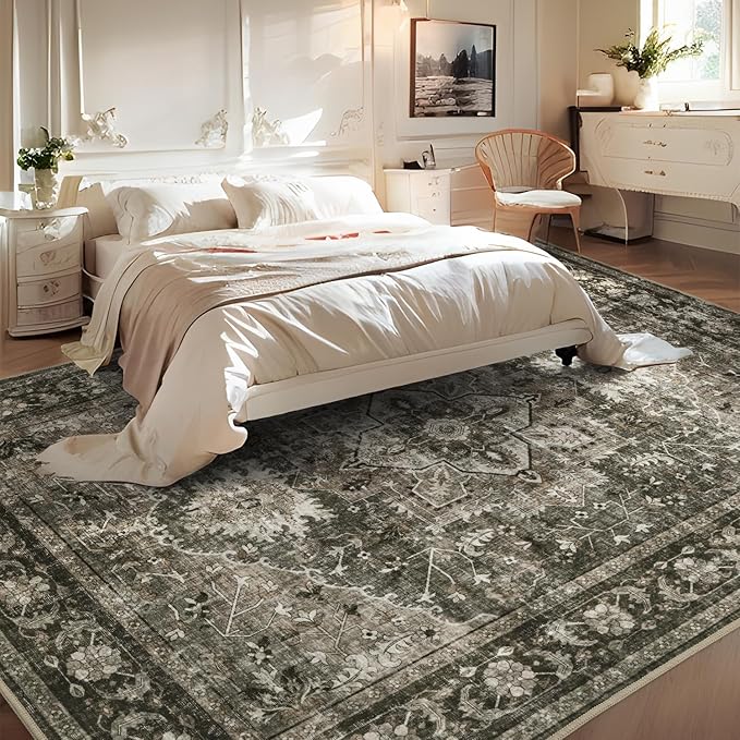 Olive Green Washable 8x10 Area Rugs for Living Room Rug Bedroom Rug-Carpet Neutral Vintage Dining Room Rugs for Under Table Soft Comfortable Non Slip