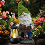 Garden Gnome Outdoor Statues with Solar Lights,Resin Flocked Solar Gnome Statue Holding Lantern,Outdoor Gnomes Decorations for Garden, Patio Gnome Gifts for Mom