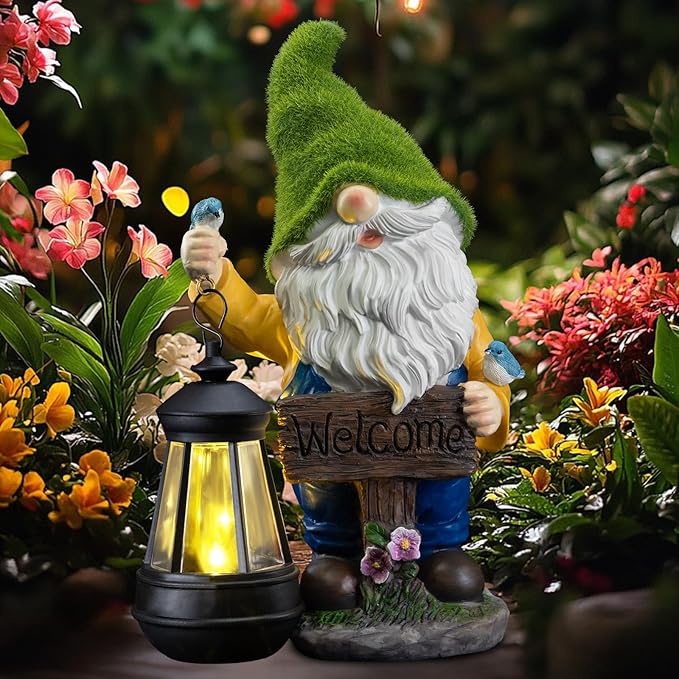 Garden Gnome Outdoor Statues with Solar Lights,Resin Flocked Solar Gnome Statue Holding Lantern,Outdoor Gnomes Decorations for Garden, Patio Gnome Gifts for Mom