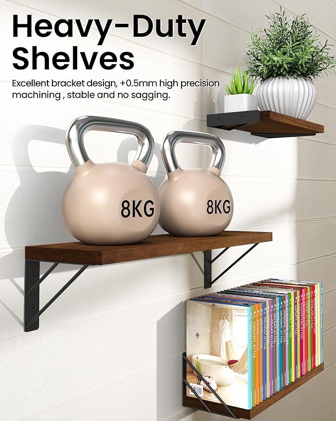BAYKA Floating Shelves for Wall, Book Shelf for Bedroom, Wall Decor Shelves for Living Room Kitchen, Wood Floating Shelf for Home Decor, Corner Shelf for Bathroom, Office(Walnut-Toned,Set of 3)