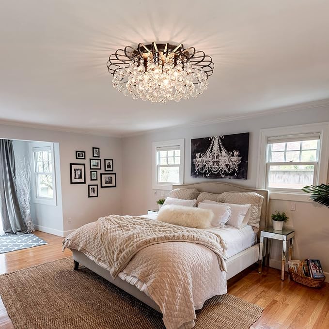 CVKASH 4-Light Crystal Floral Chandelier Modern Bronze Flush Mount Raindrop Crystal Ceiling Lighting Fixture Farmhouse Chandelier for Bathroom Living Room Bedroom Dining Room Entryway