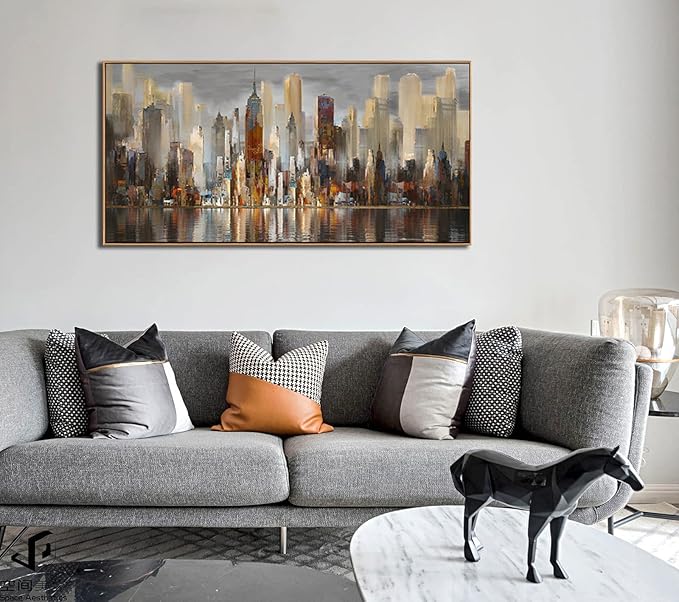Mofutinpo Abstract Modern Canvas Wall Art for Living Room Cityscape New York Wall Decor City Theme Paintings Brown Framed Pictures Office Artwork Wall Decor Bedroom Above Bed