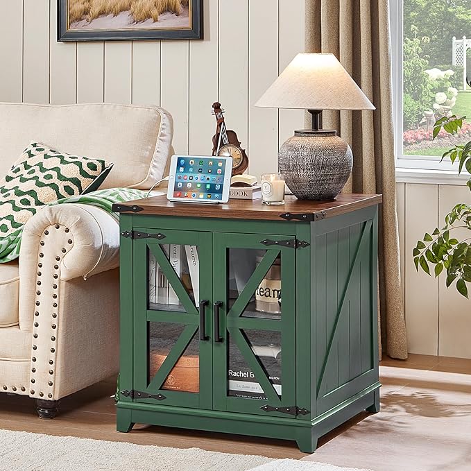 Farmhouse End Table with Charging Station Set 2, 24" Large Sofa Side Table with Glass Barn Door, Nightstand with Adjustable Storage Shelf, Wood Square Bedside Table for Living Room, Bedroom