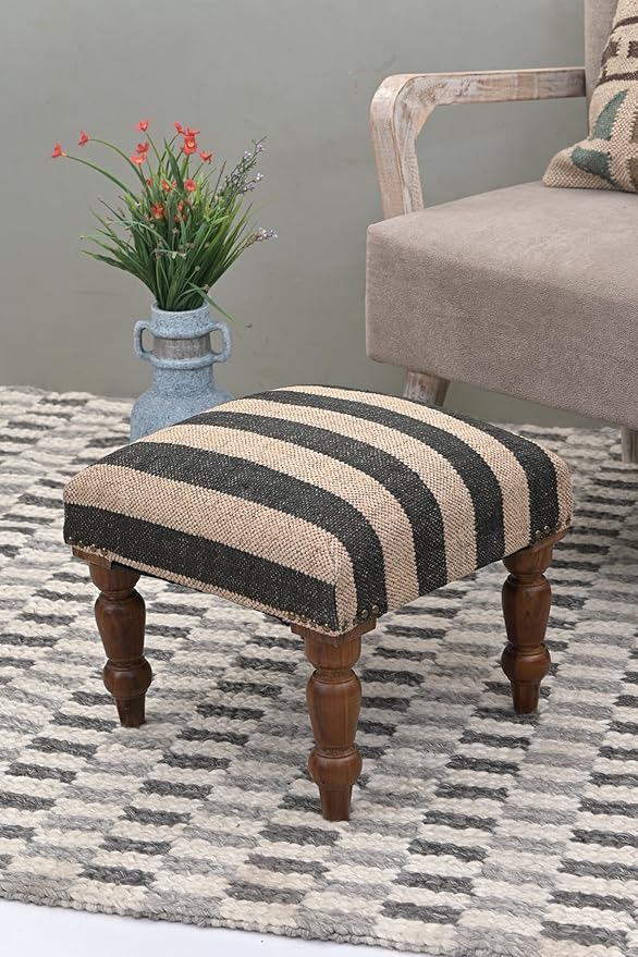 Handmade Jute Soft Ottomans Square Shape Stool for Sitting and Foot Rest with Wooden Legs, Entryway Modern Stool for Living Room, Bedroom, Hall (White, L 15.74 x W 15.74 x H 14 inch)