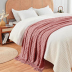 InHand Knitted Throw Blanket for Couch and Bed, Soft Cozy Knit Blanket with Tassel, Coral Pink Lightweight Decorative Throw, Farmhouse Warm Woven Throw for Men and Women, 50"x60"