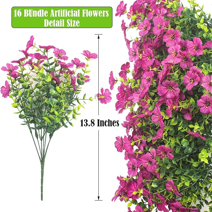 Artificial Fake Flowers for Outdoor Spring Decoration, 16 Bundles Faux Silk Colorful Daisy UV Resistant Realistic for Outside Porch Patio Home Yard Garden Planters Pots Window Box (Red Purple)