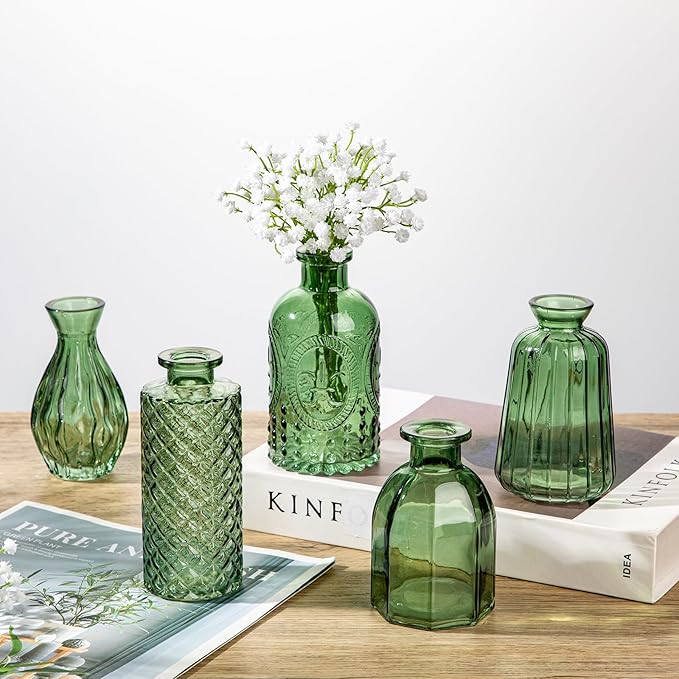 Glass Bud Vases Set of 10, Peacock Green Small Flower Vase in Bulk for Centerpieces, Mini Vintage Vases for Rustic Wedding Vintage Home Table Decor