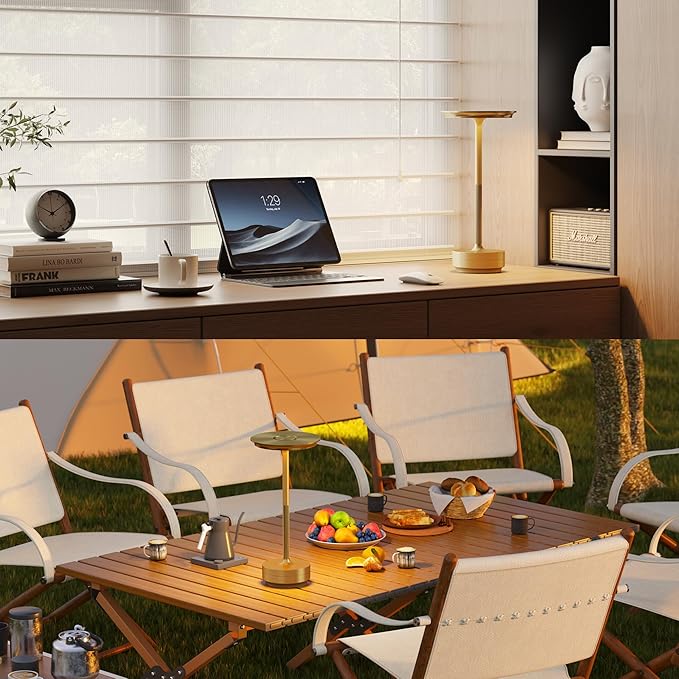 2 Pack Cordless Table Lamp, LED Rechargeable Table Light with 3 Temp Settings, Stepless Dimming, 5000mAh Battery, USB-C, Memory, Aluminum Alloy, for Home, Patio, Restaurant, Outdoor. Gold