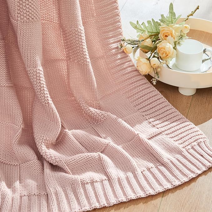 CozeCube Check Knit Throw Blanket, Pink Checkered Throw for Couch, Decorative Christmas Soft Cozy Warm Knitted Blanket for Bed Sofa Living Room, 50"X60"