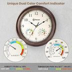 Geevon 12" Vintage Wall Clock Non Ticking with Hygrometer and Thermometer Combo,Battery Operated Quartz Decorative Wall Clocks for Home,Living Room,Office,Classroom,Kitchen,Bedroom Decor