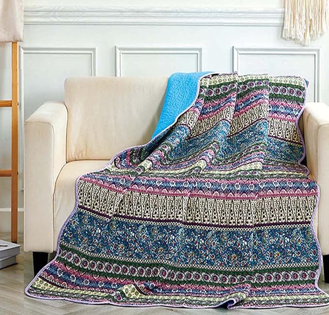 Cozyholy Boho Quilt Twin Size 100% Cotton Quilted Blanket Colorful Bohemian Striped Bedspread Coverlet Reversible Lightweight Stitch Vintage Bed Cover Throw Blanket for Couch Sofa Blue