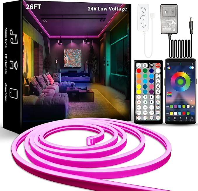 26FT LED Neon Rope Lights, BUNACET RGB Strips Light with RF Remote & APP Control,Flexible IP65 Waterproof Outdoor, Music Sync,DIY Design,24V LED Strip Lights for Gaming Livingroom Wall Christmas Decor