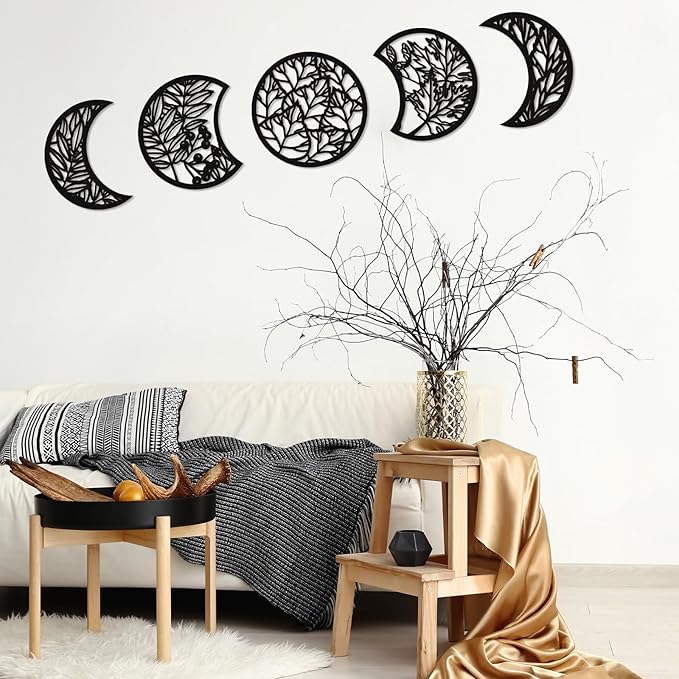 Jetec 5 Pcs Moon Phase Wall Art Decor Wall Pediments Hanging Wooden Moon Phase Spiritual Bedroom Nordic Boho Lunar Aesthetic Art for Living Room Dorm Apartment Bar Ornament(Dark Black,15.75 Inch)