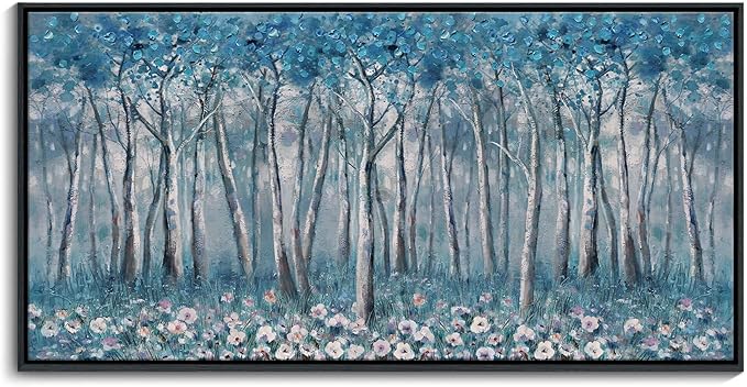 DUNHUANG ART Blue Tree Canvas Wall Art - Large Size Teal Abstract Painting for Home Office Living Room Bedroom Bathroom - Black Framed - Wall Decor Living Room 20"x40"