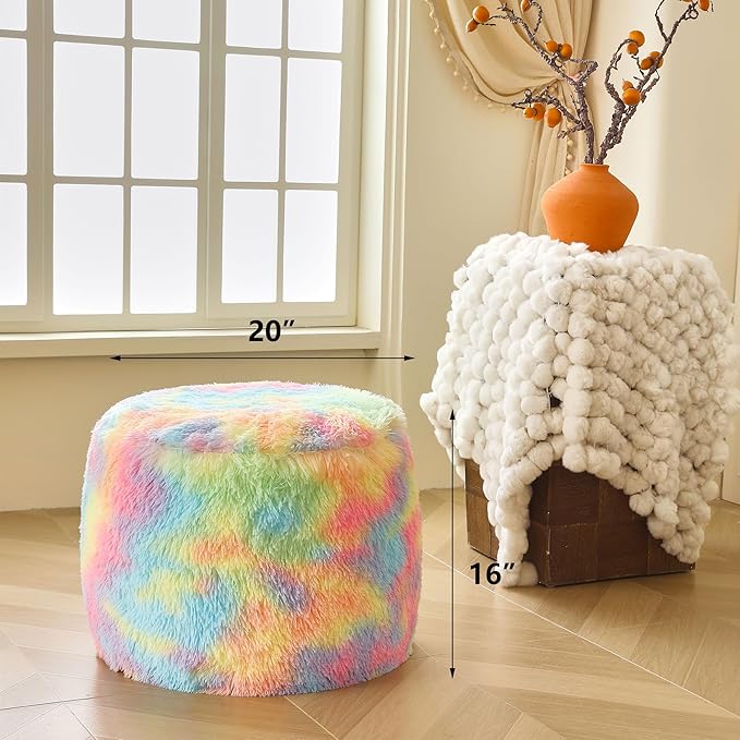 XeGe Fluffy Faux Fur Inflatable Pouf Ottoman, Soft Fuzzy Foot Stool, Plush Furry Foot Rest Floor Pouf Anti-Slip for Kids Girls Adult, Cute Foldable Ottoman Cushion Living Room Bedroom, Rainbow