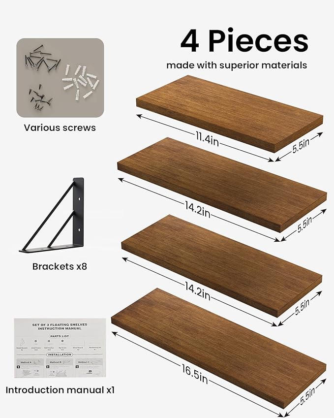 BAYKA Floating Shelves for Wall, Book Shelf for Bedroom, Decor Shelves for Living Room Kitchen, Mounted Wood Floating Shelf for Home Decor, Corner Shelf for Bathroom, Office(Walnut-Toned,Set of 4)