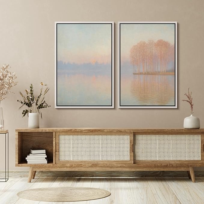 SIGNFORD Framed Canvas Print Wall Art Set Pastel Lake Landscape Serene Sunrise Water Reflection Illustration Modern Art Decorative Nordic Nature for Living Room, Bedroom, Office - 16"x24"x2 White