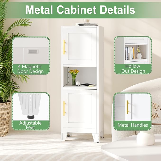 47.24" H Metal Narrow Bathroom Storage Cabinet Pantry Storage Cabinet, 2 Adjustable Shelves for Kitchen, Home Office, Living Room, Dinning Room (White)