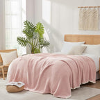 Snuggle Sac Pink Waffle Bedding Blankets Queen Size 90x90 inches, Reversible Microfiber Fluffy Fuzzy Soft Throw Cozy Knit Blanket for Women Mothers Birthday Gifts