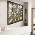 The Gears Clock 24'' Inch Square Real Moving Gear Wall Clock Vintage Industrial Oversized Rustic Farmhouse (Gold Antique)