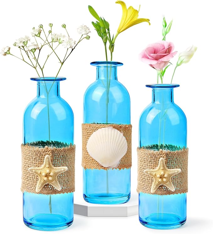 Shell Vase Set of 3 Blue Coastal Vase,Small Starfish Seashell Flower Glass Vases Handcrafted for Beachy Decor,Beach Wedding/Party Beach Home Decor (Blue)