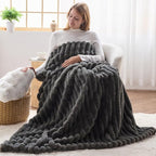 NEWCOSPLAY Faux Fur Throw Blanket Grey 3D Ribbed Plush Thick Warm Blanket for Couch Sofa Bed 850GSM (Grey Ribbed, Throw(50"x60"))