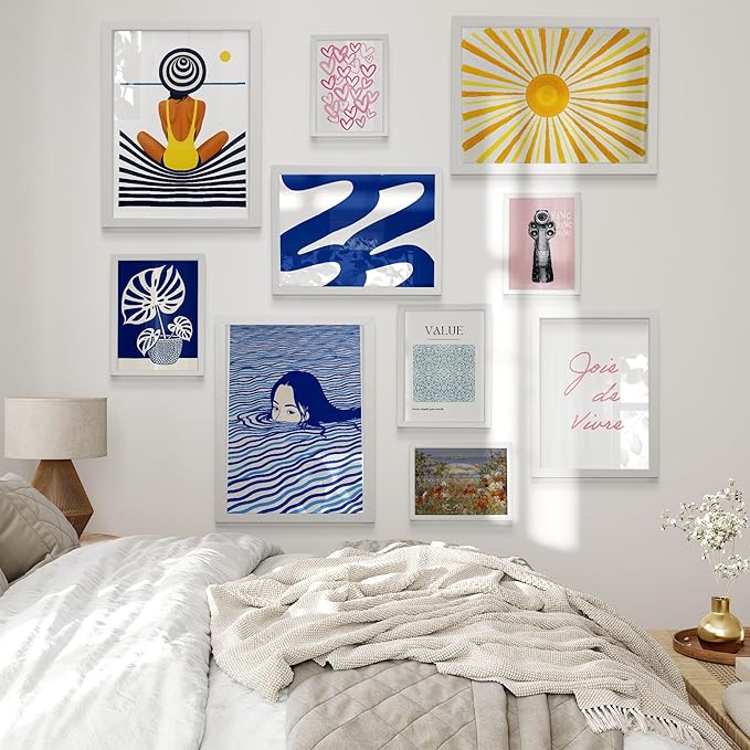 Maximalist Home Decor White Framed Wall Art, 10 pcs of Eclectic Wall Prints for Teen Girls Bedroom Decor, Maximalist Gallery Wall Art for Dorm Room