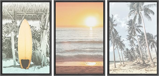SIGNWIN Framed Canvas Print Wall Art Set Retro Sunset Hawaiian Surfboard Palm Trees Nature Wilderness Photography Modern Art Landscape Relax/Calm for Living Room, Bedroom, Office - 24"x36"x3 Black