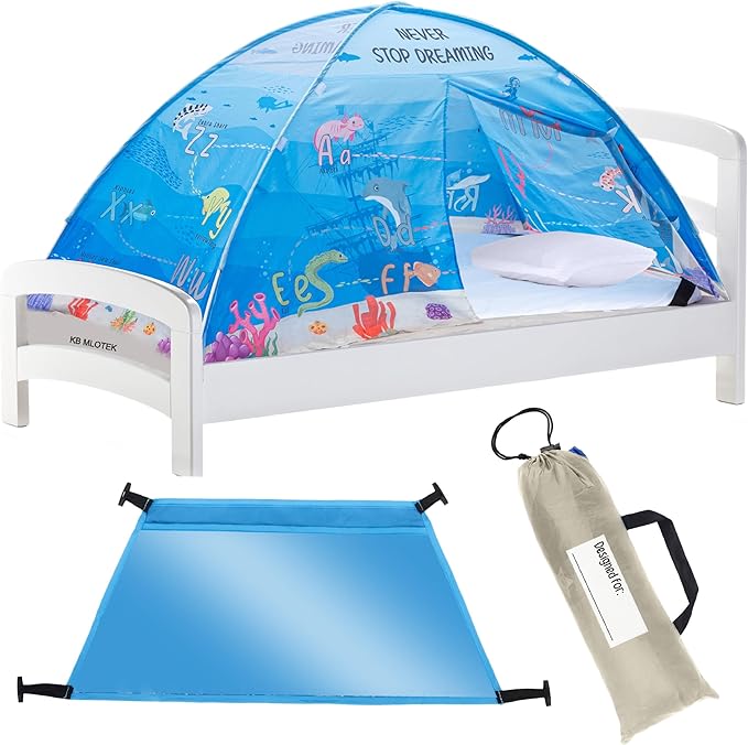 Water World Twin Bed Tent for Kids Indoor Fort - Magical Dream Tents for Boys Pop Up Toddler Bed Canopy for Girls Bunk Bed Tent for Top Bunk - Sensory Sleep Pod for Kids Educational