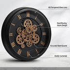 Maxstar Large Moving Gear Wall Clock,16" Vintage Mechanical Battery Operated Industrial Wall Clocks for Farmhouse Living Room,Home Office, Dinning Room, Kitchen, Steampunk Decor-Black,Roman Numeral