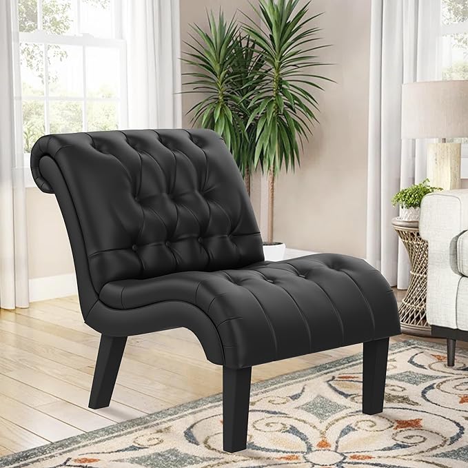 Yongqiang Black Faux Leather Accent Chair Modern Button Tufted Upholstered Armless Chair for Bedroom Living Room with Wood Legs