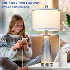 Coastal Glass Table Lamps for Living Room, 26" Table Lamps with USB A+C Ports & AC Outlet, Touch Control Bedside Nightstand Lamp with Crystal Night Light for End Table Office Desk Blue(Bulbs Included)