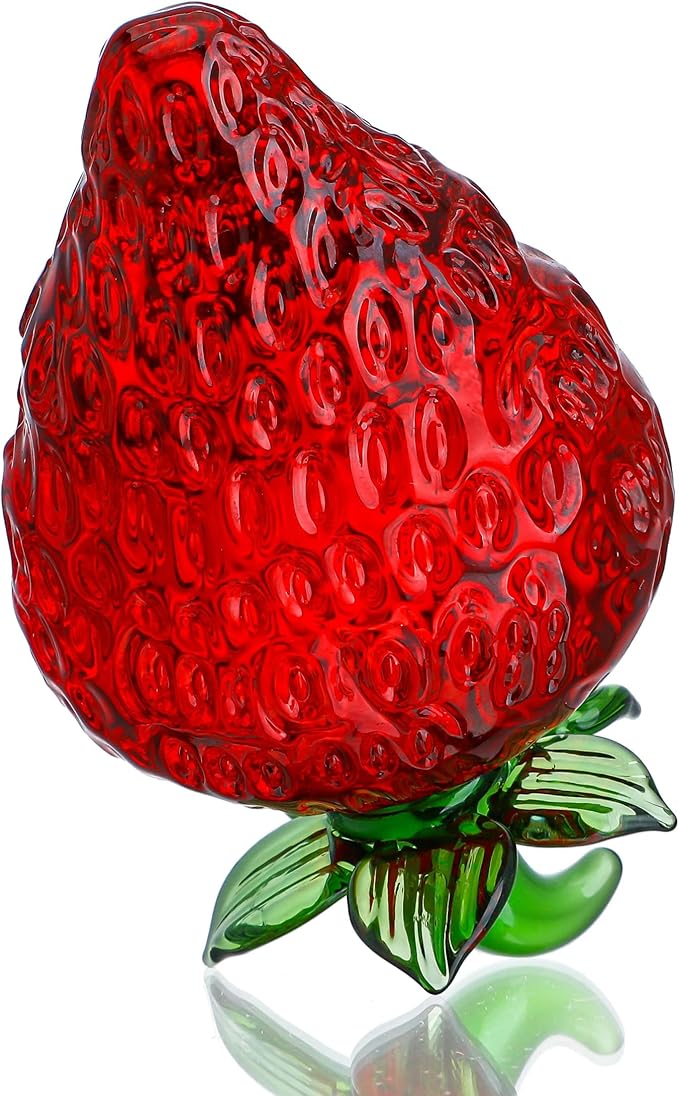 Glass Red Strawberry Figurine Crystal Fruit Collectibles Art Glass Fruits Decoration for Home Office Strawberry Kitchen Decor for Women