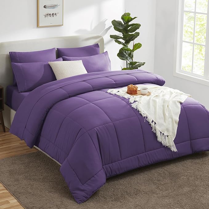 CozyLux King Size Comforter Set Purple, 7 Pieces Bed in a Bag, Purple Comforter King Size, All Season Bedding Sets with Stitch Quilted Comforter, Flat Sheet, Fitted Sheet, Pillowcases