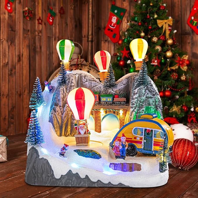 Christmas Village Collectible Buildings Christmas Village Houses Hot Air Balloon with LED Lights Musical USB Indoor Display Figurines Xmas Decoration