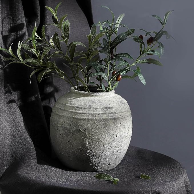 Large Ceramic Flower Vase, 8.66 inch Tall Round Rustic Farmhouse Vase for Home Decor, Wide Mouth, Living Room Shelf Decor, Enterway, Table