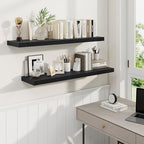 Fun Memories 40" Rustic Wood Floating Shelves with Invisible Brackets for Storage & Decor, Deep Wall Mounted Shelves for Bathroom, Kitchen, Living Room (Black, Set of 2)