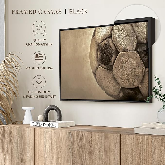 Elephant Stock Worn Soccer Ball Wall Art - Horizontal Framed Canvas - 1-Piece Living Room Wall Decor - Photography sports Canvas Print - Brown and Gray Decor for Wall - 19" X 13"